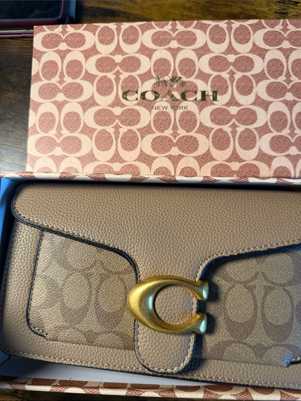 Coach Taupe and Gold Signature C Flap Wallet Crossbody